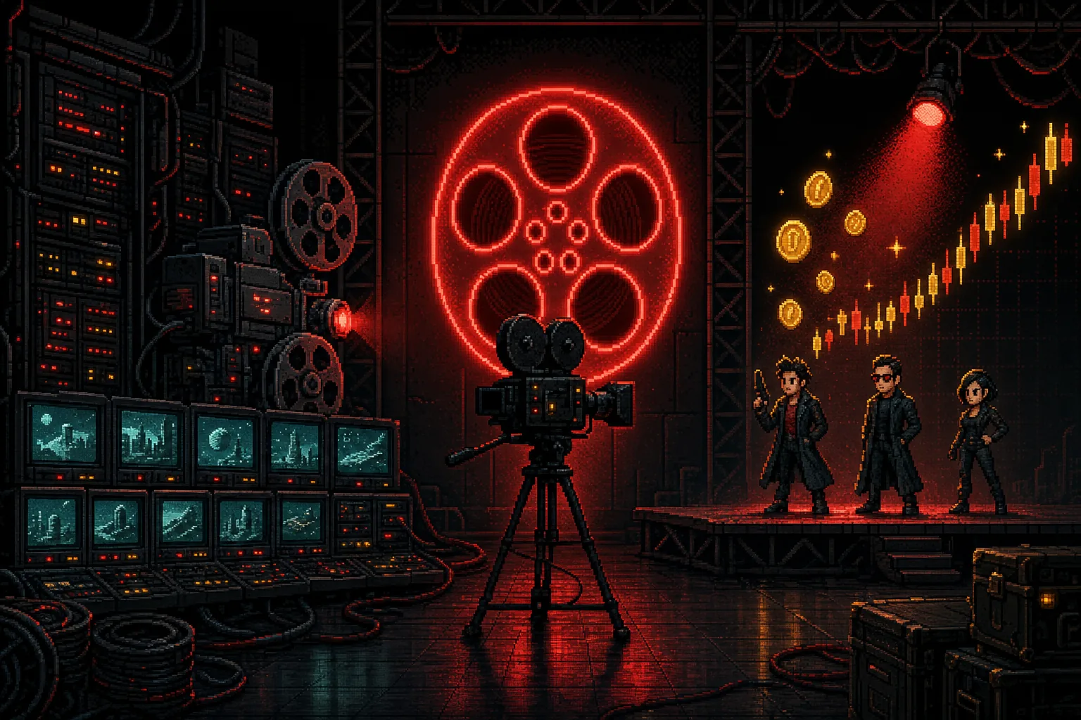Pixel art sci-fi film studio with actors and stock charts
