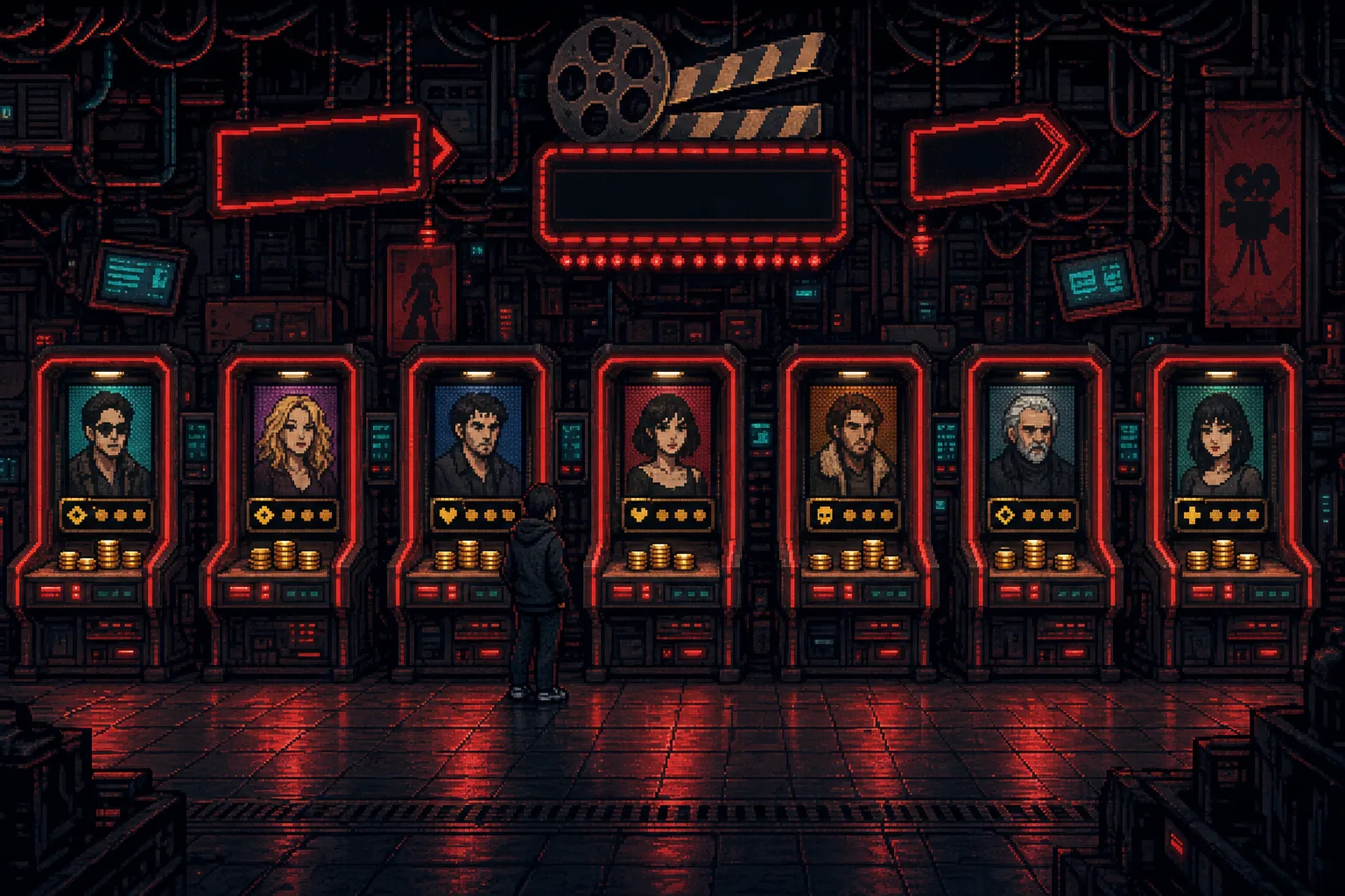 Pixel art neon marketplace of actor NFT kiosks