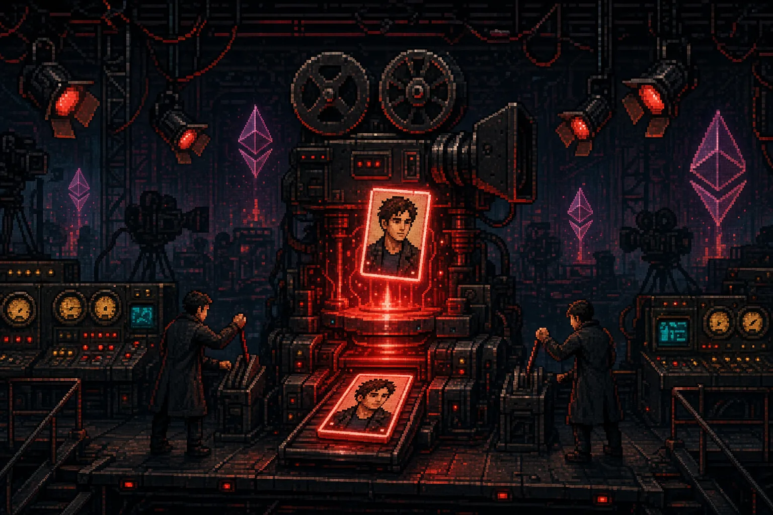Pixel art sci-fi casting forge stamping out actor NFTs