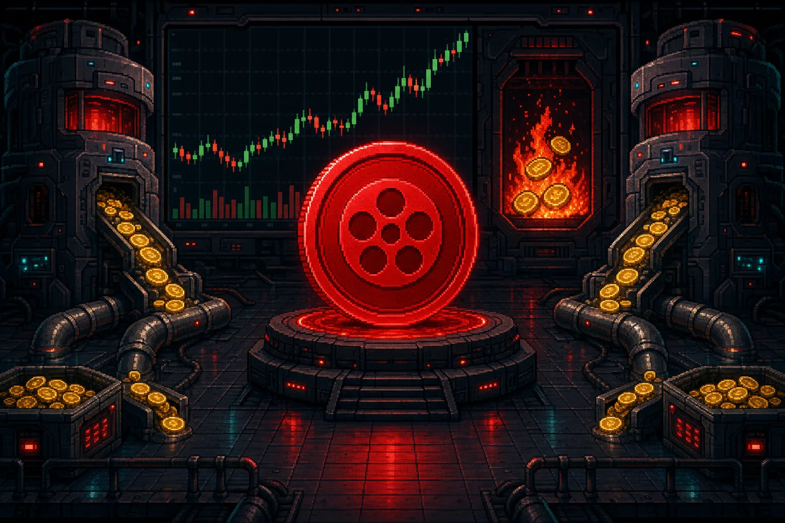 Pixel art mint room with a giant glowing coin, a price chart and a burn furnace